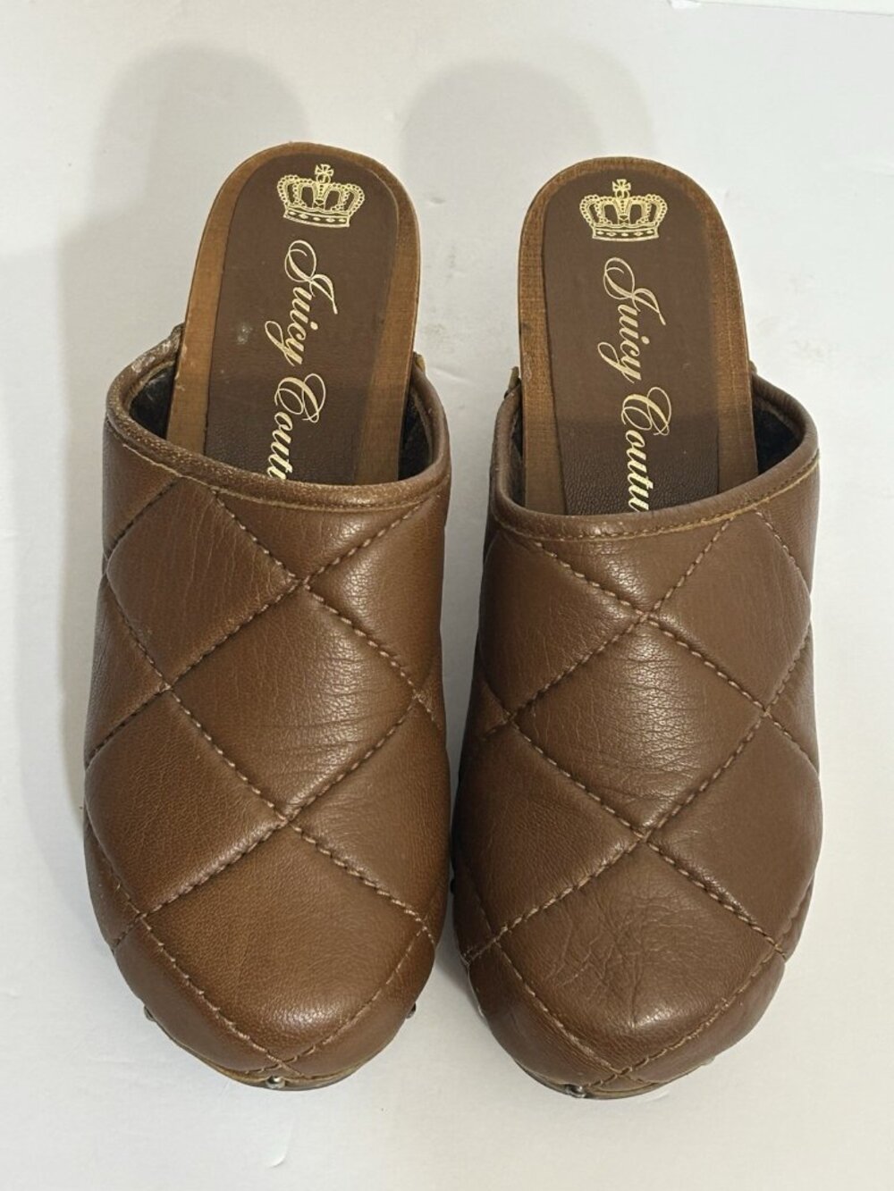 Y2K 2000’s Juicy Couture Quilted Faux Leather/Wood Clog Mule Slides Size 9 Brown